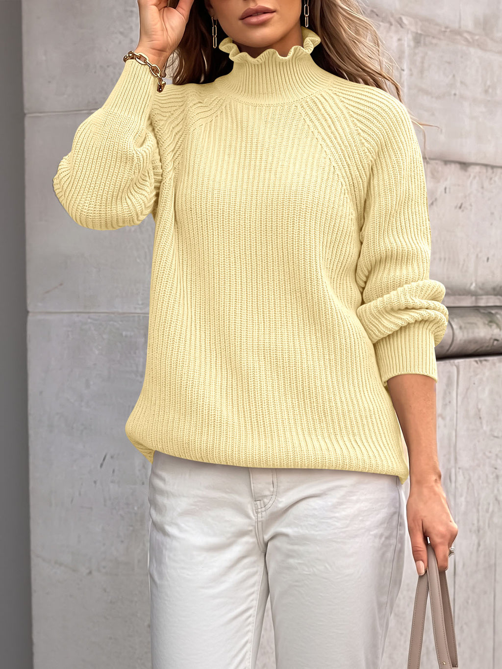 Saodimallsu Womens Ruffle Mock Neck Sweater