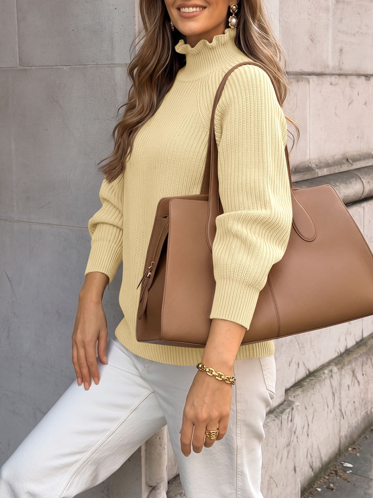 Saodimallsu Womens Ruffle Mock Neck Sweater