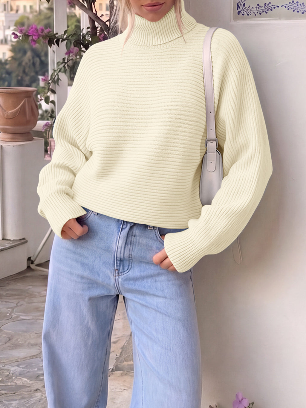 Saodimallsu Womens Batwing Sleeve Knit Turtleneck Sweater