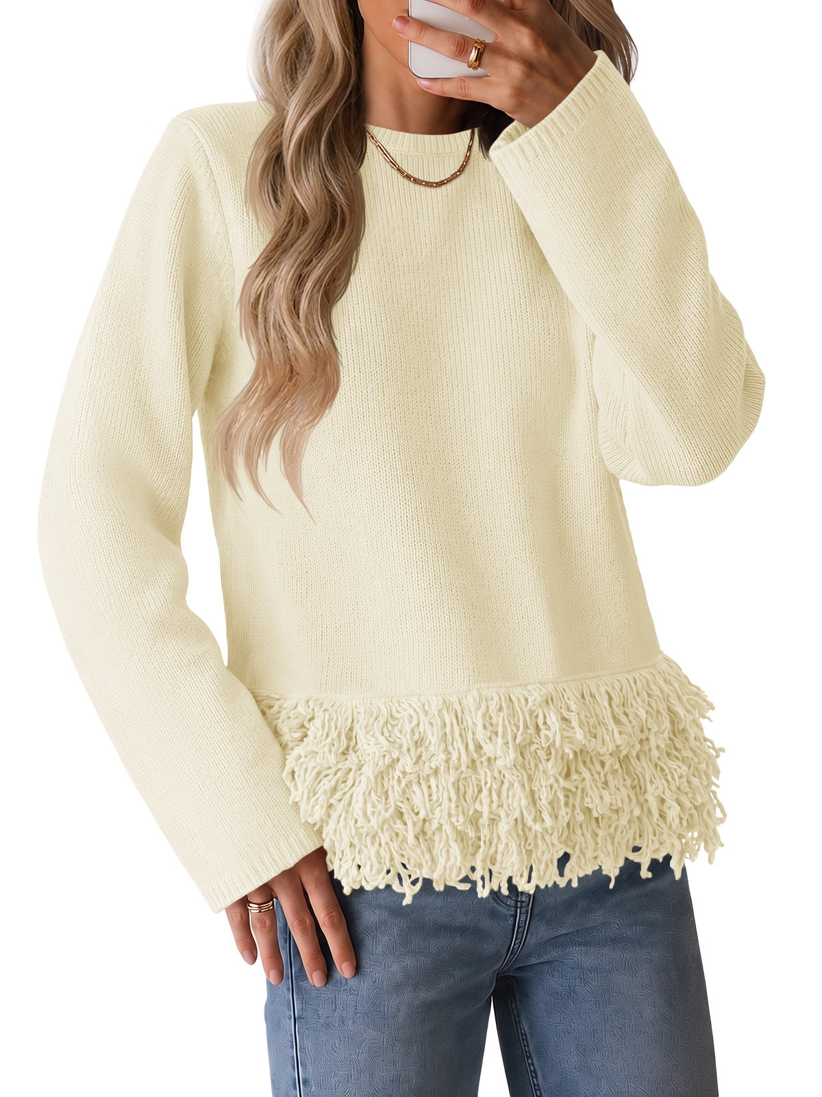 Saodimallsu Women Boho Fringe Knit Sweater