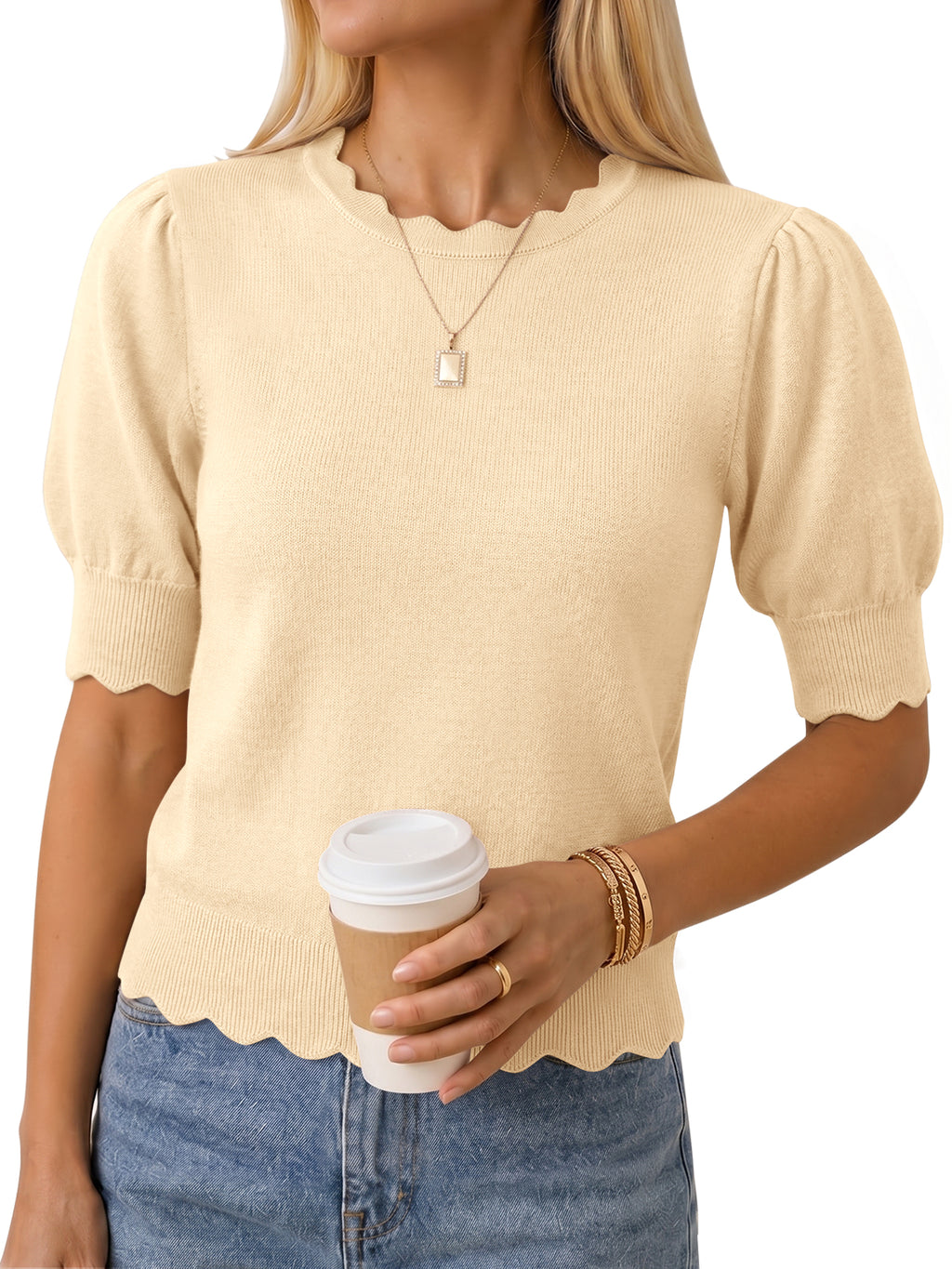 Saodimallsu Women Puff Sleeve Knit Top