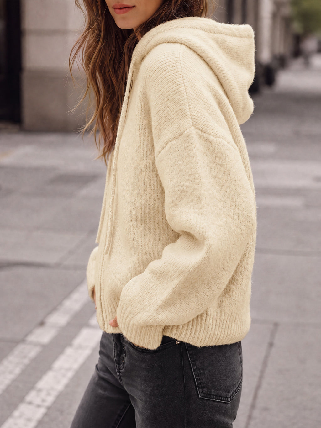 Saodimallsu Womens Zip Up Hooded Knit Cardigan
