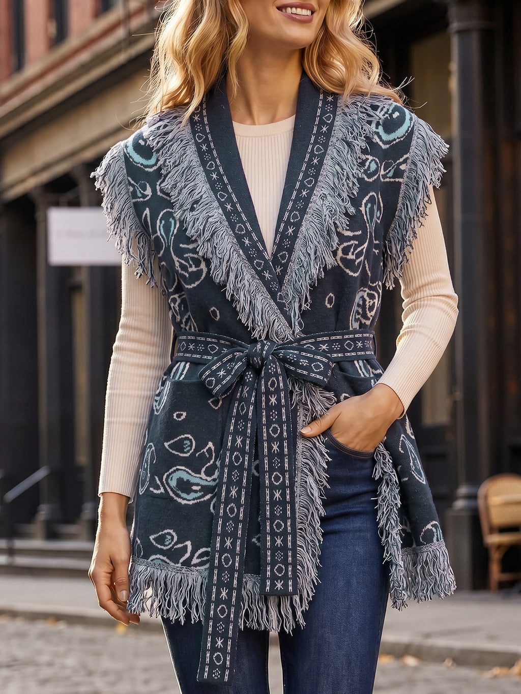 Saodimallsu Women Fringe Knit Cardigan