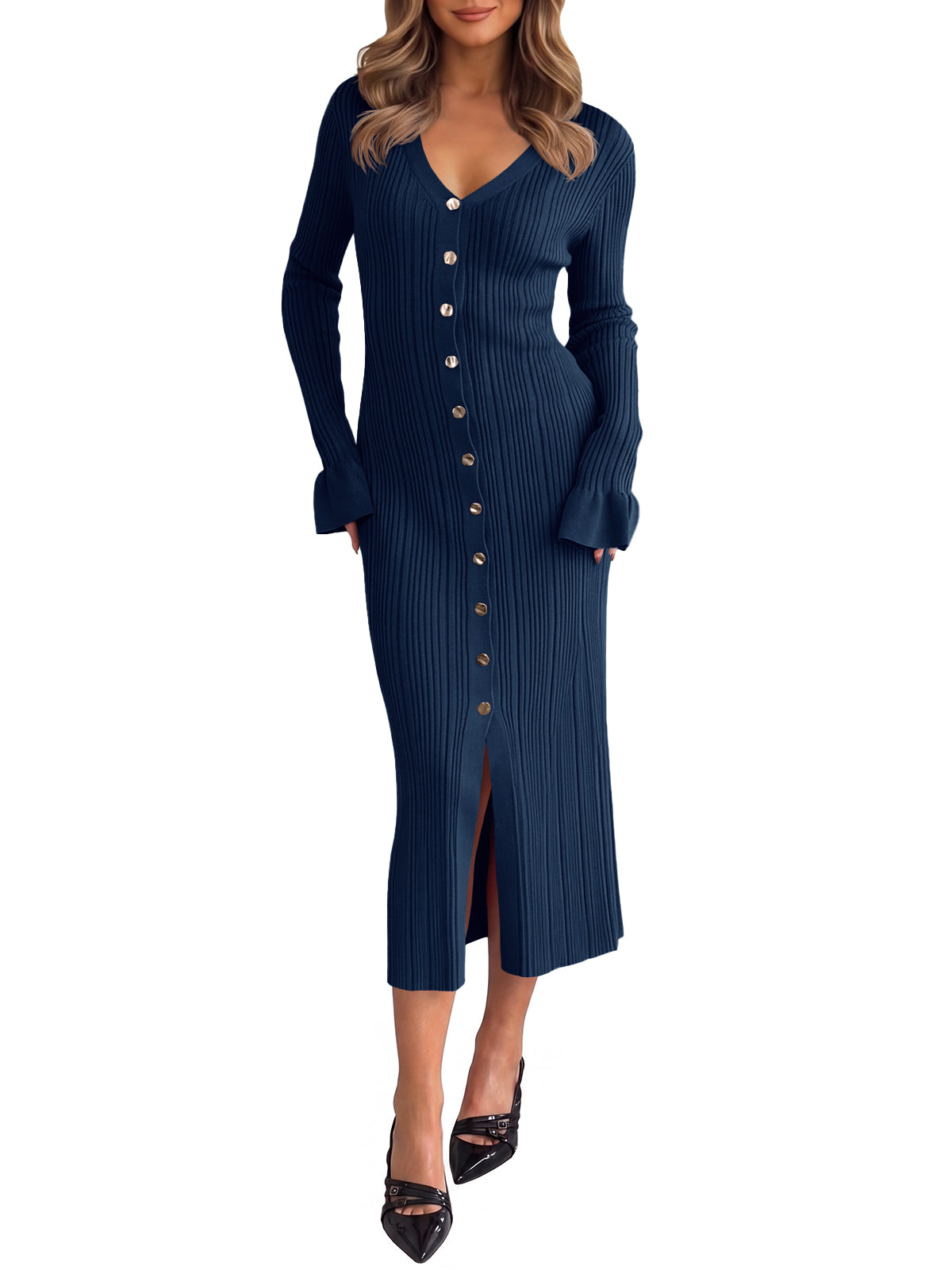 Saodimallsu Womens V Neck Midi Sweater Dress