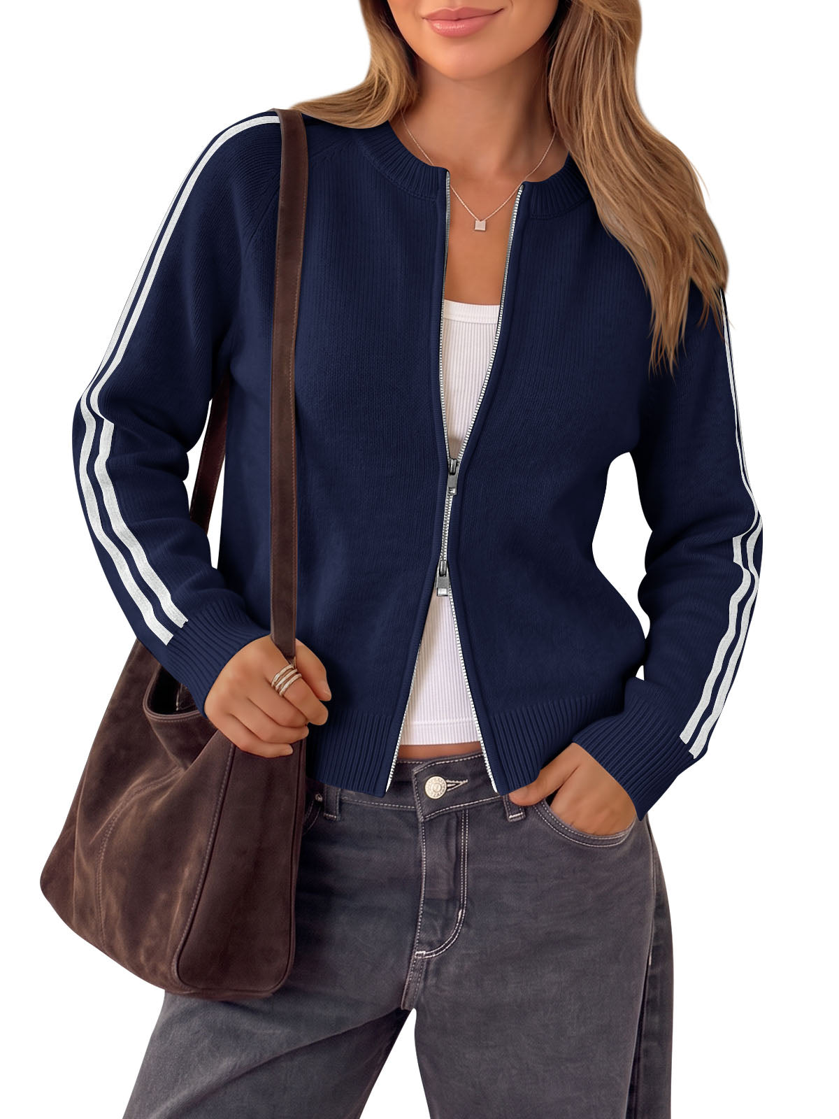 Saodimallsu Womens Zip Up Crew Neck Cardigan