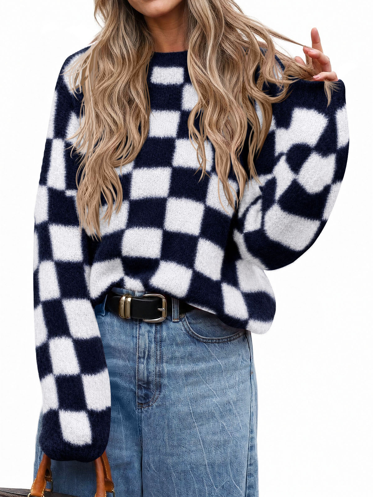 Saodimallsu Womens Checkered Fuzzy Sweaters