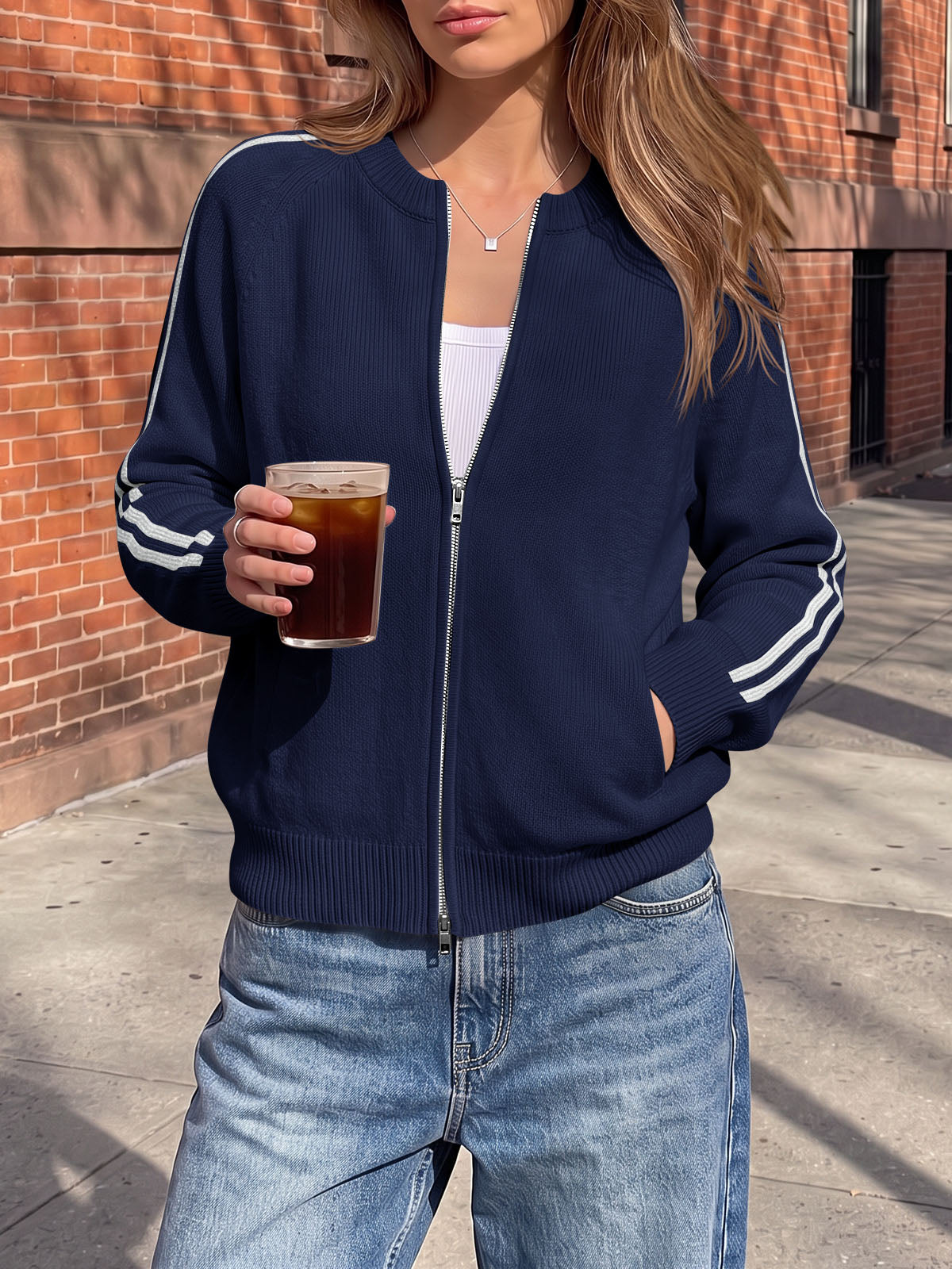 Saodimallsu Womens Zip Up Crew Neck Cardigan