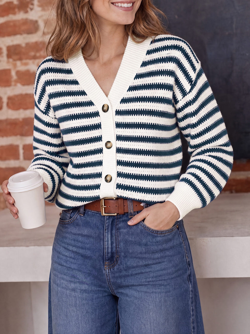 Saodimallsu Womens Striped V Neck Cardigan