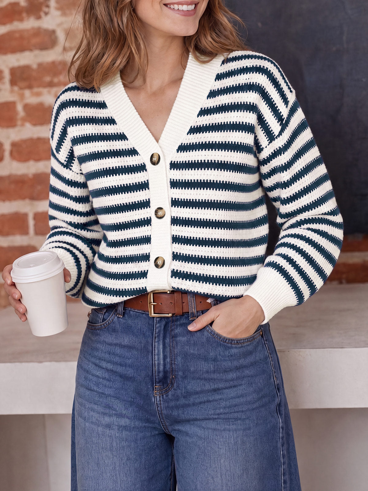 Saodimallsu Womens Striped V Neck Cardigan