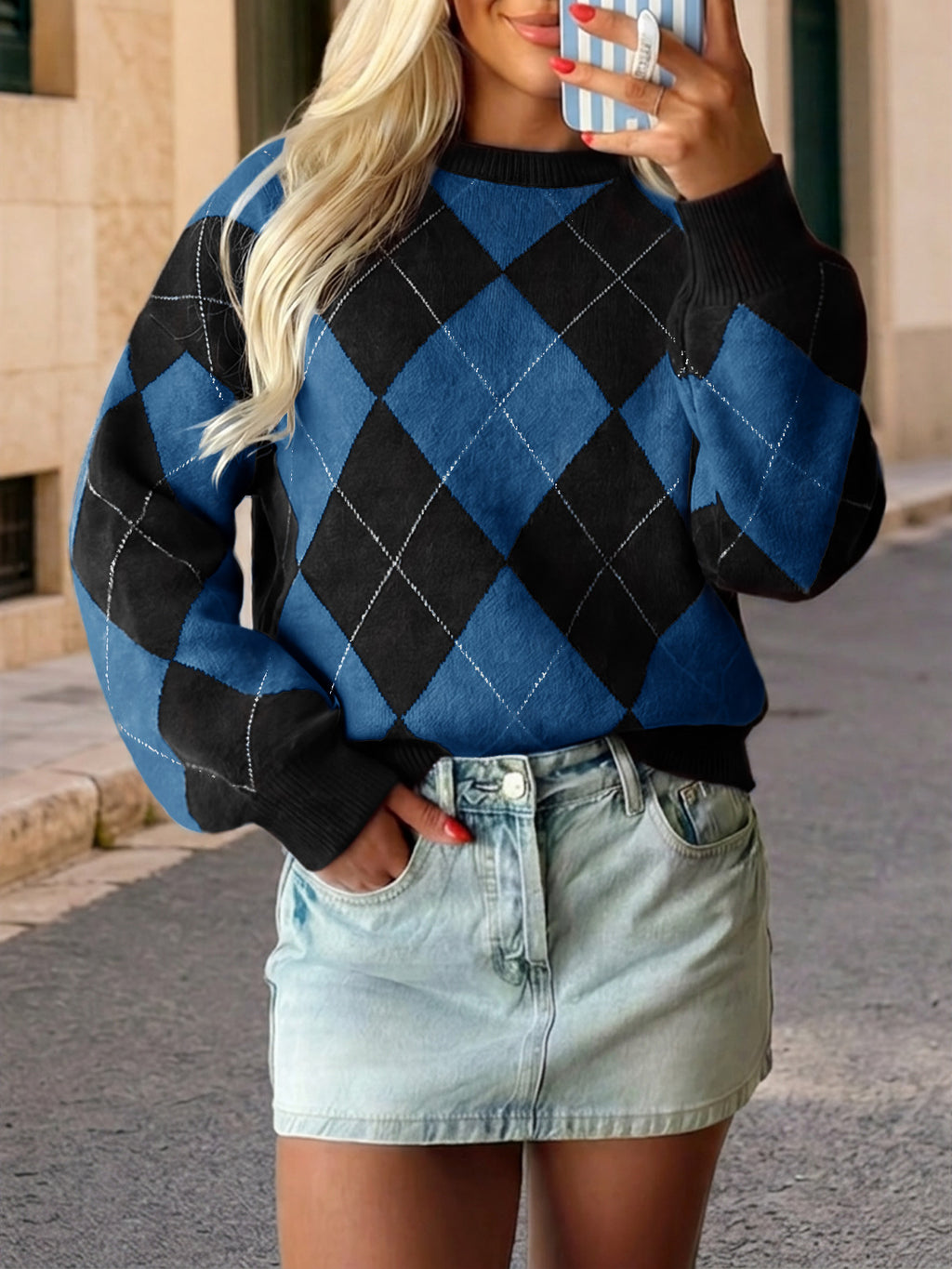 Saodimallsu Women Checkered Argyle Sweater