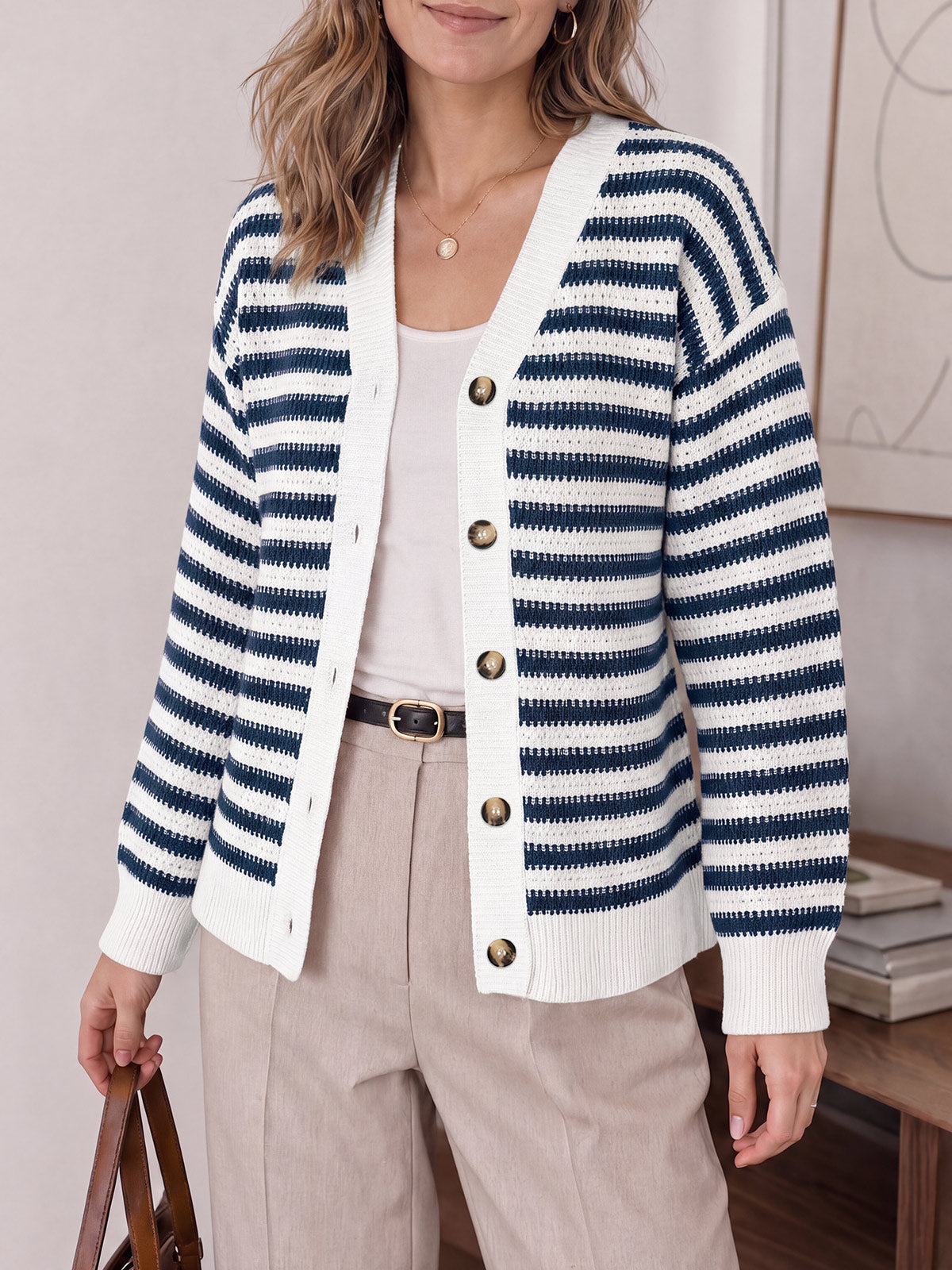 Saodimallsu Womens Striped V Neck Cardigan