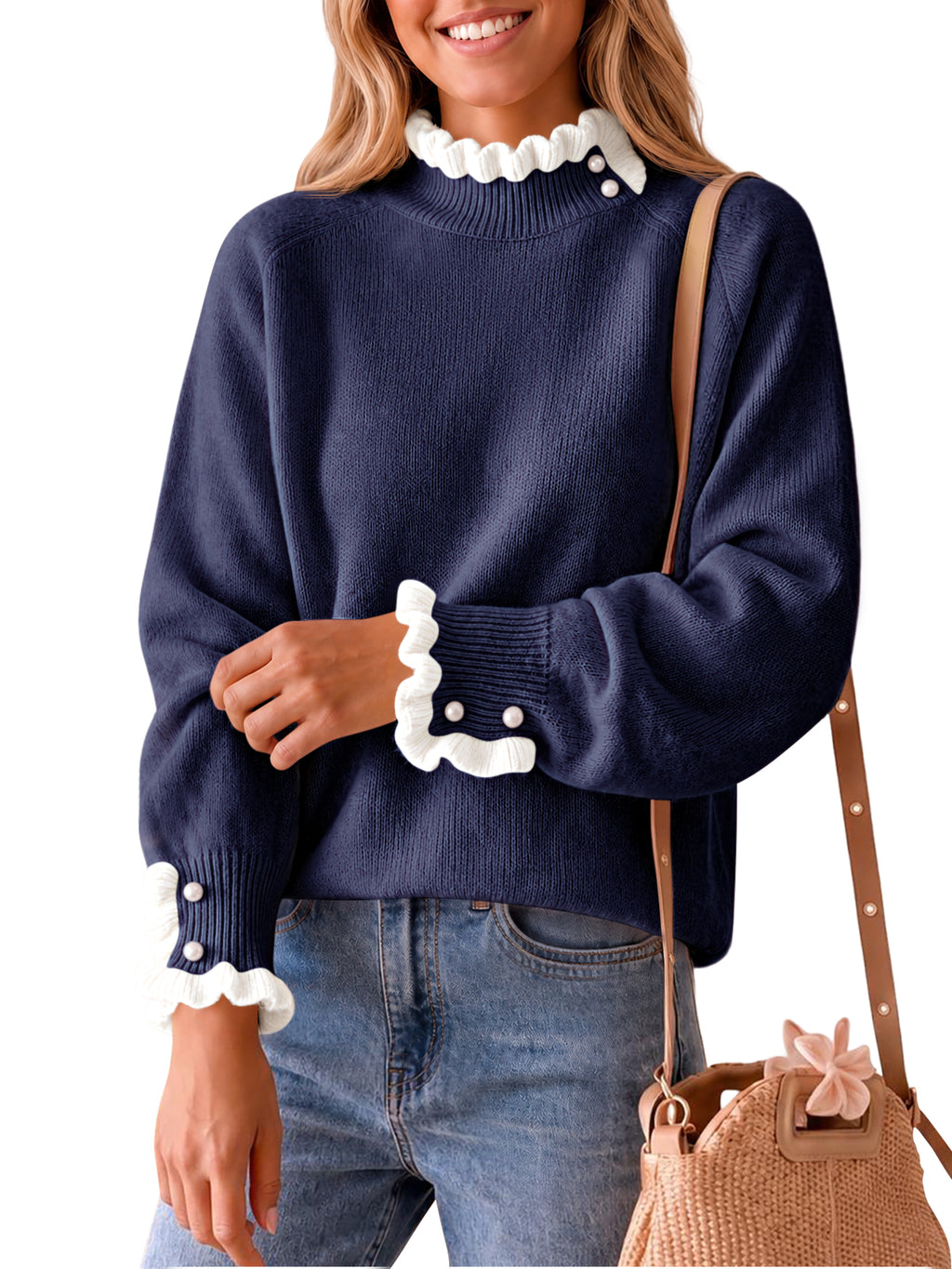 Saodimallsu Womens Mock Neck Ruffle Pearl Sweater