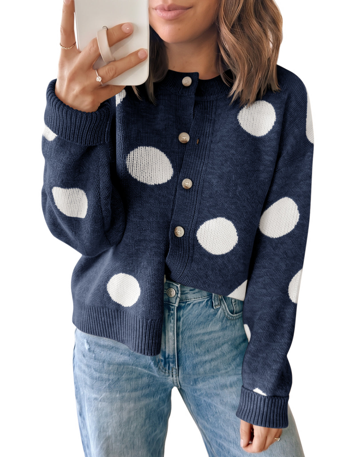 Saodimallsu Women Polka Dot Knit Cardigan