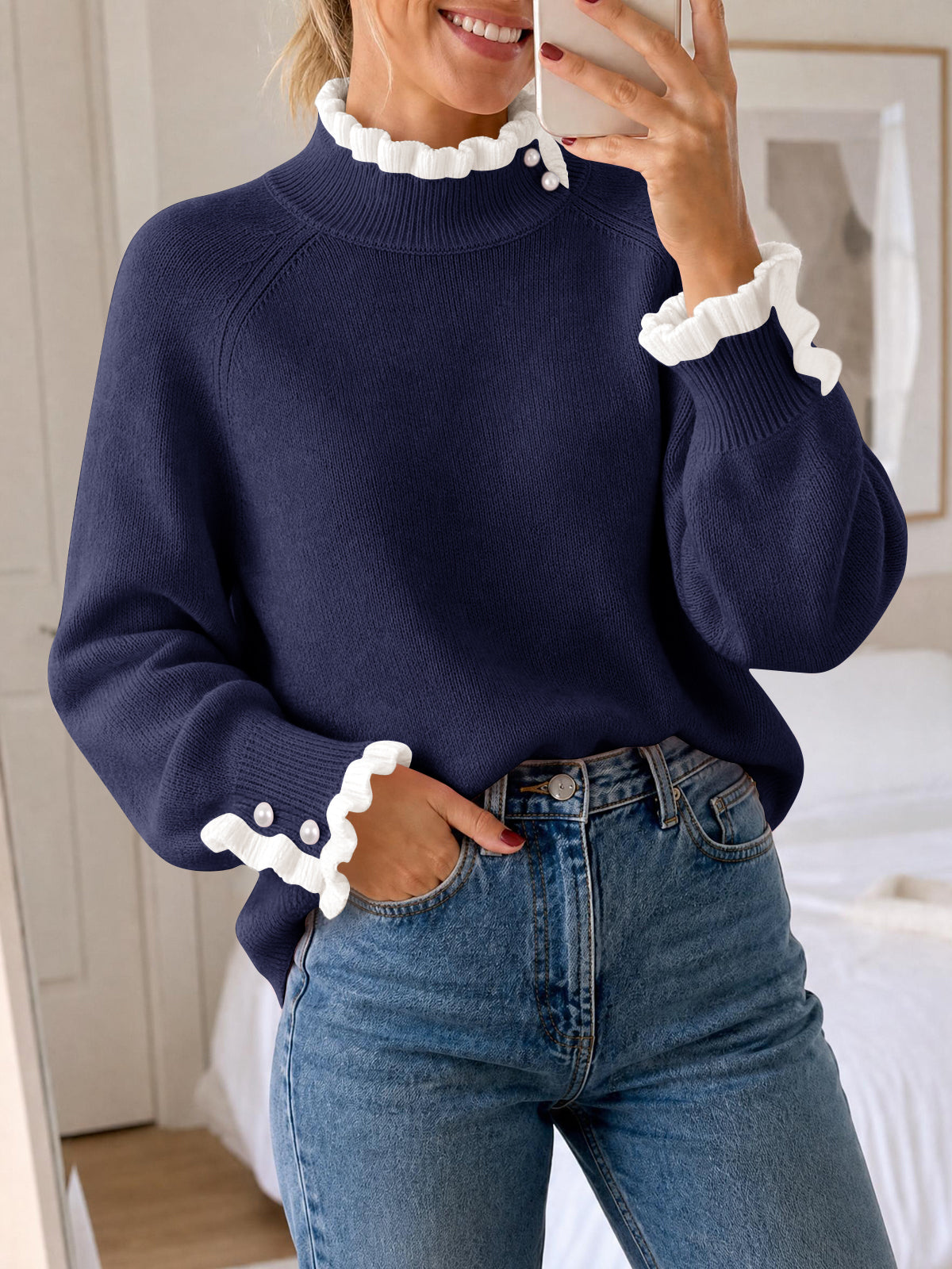 Saodimallsu Womens Mock Neck Ruffle Pearl Sweater