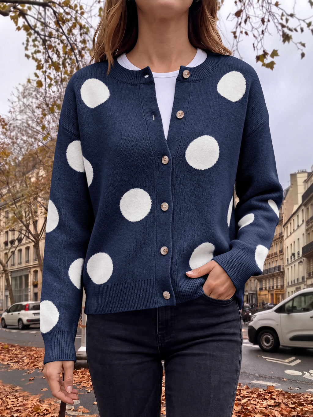 Saodimallsu Women Polka Dot Knit Cardigan