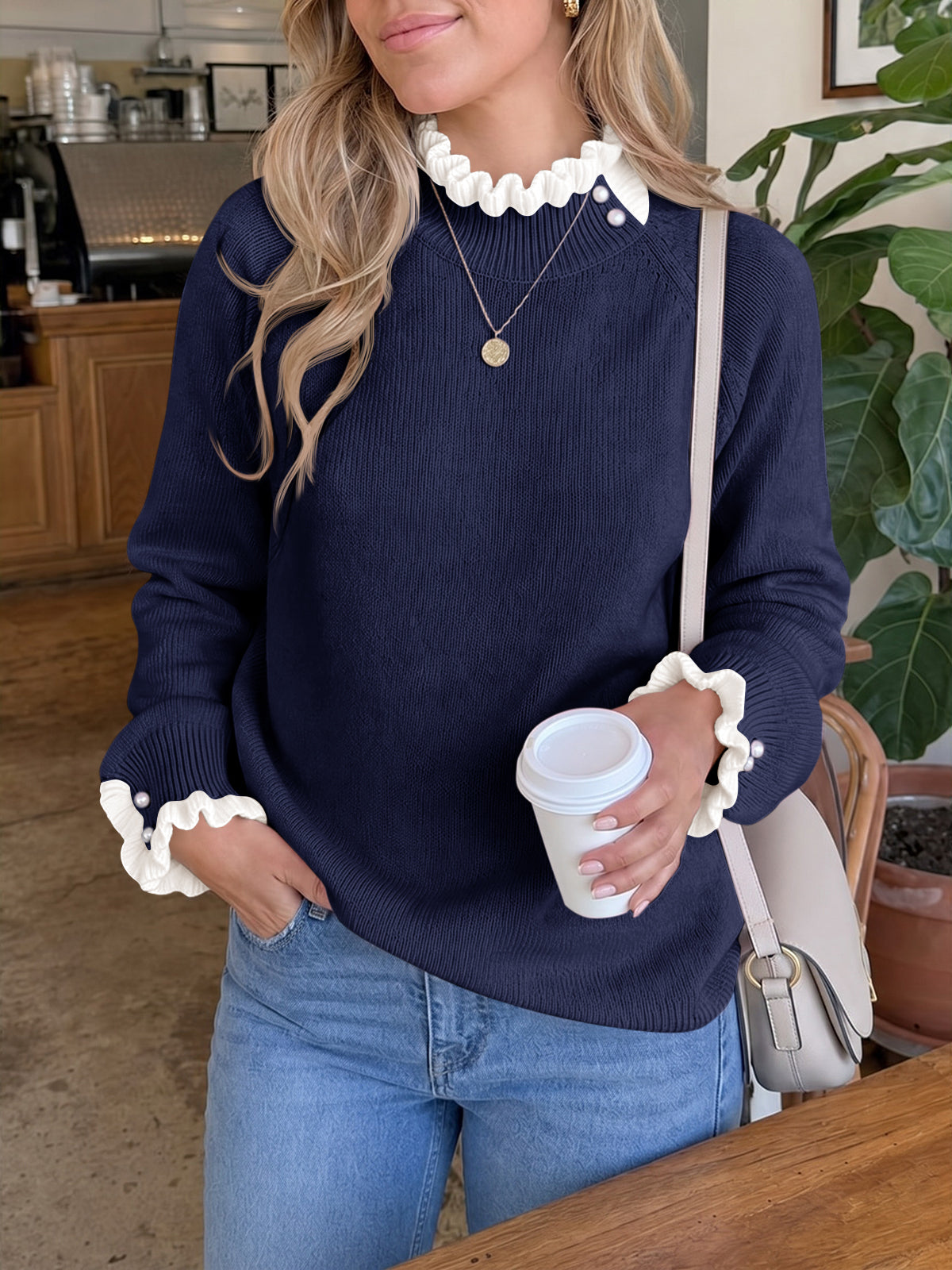 Saodimallsu Womens Mock Neck Ruffle Pearl Sweater
