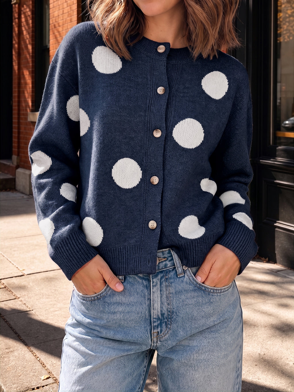 Saodimallsu Women Polka Dot Knit Cardigan
