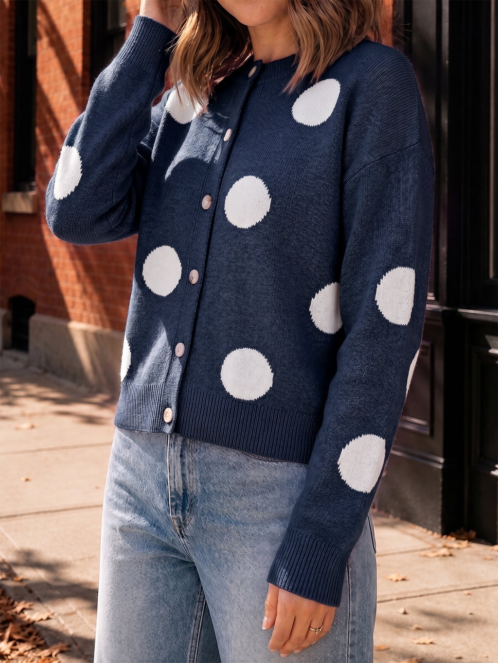 Saodimallsu Women Polka Dot Knit Cardigan