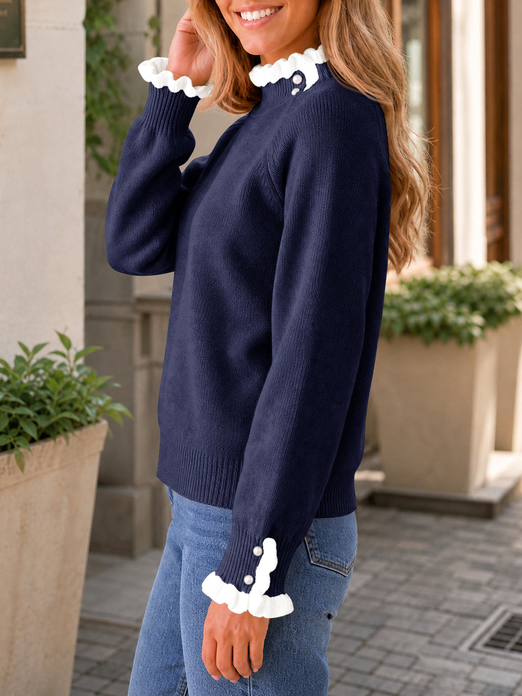 Saodimallsu Womens Mock Neck Ruffle Pearl Sweater