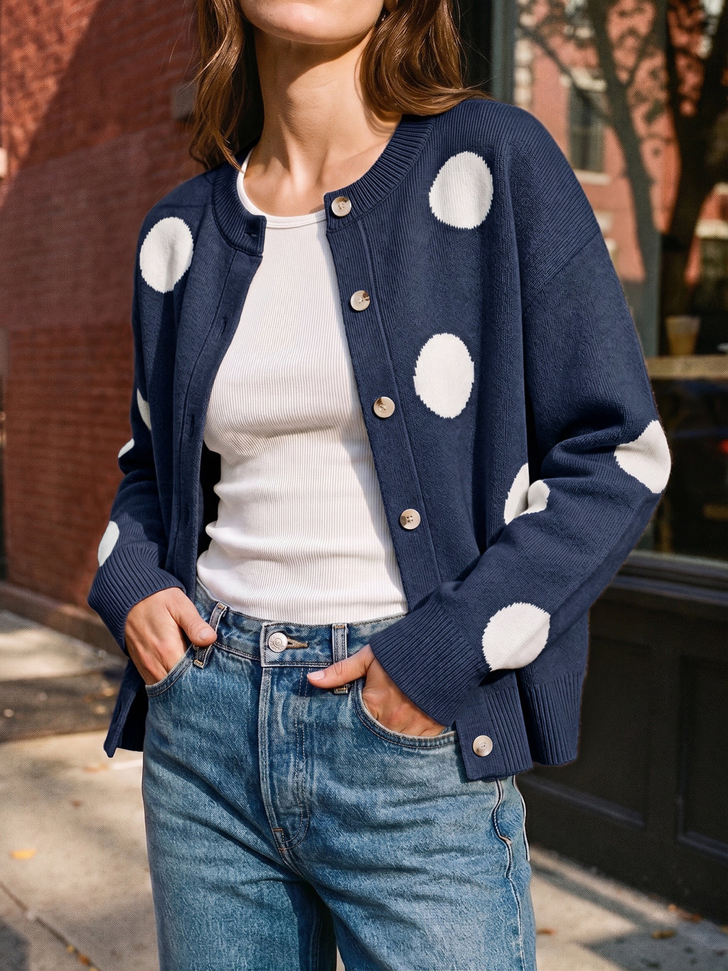 Saodimallsu Women Polka Dot Knit Cardigan