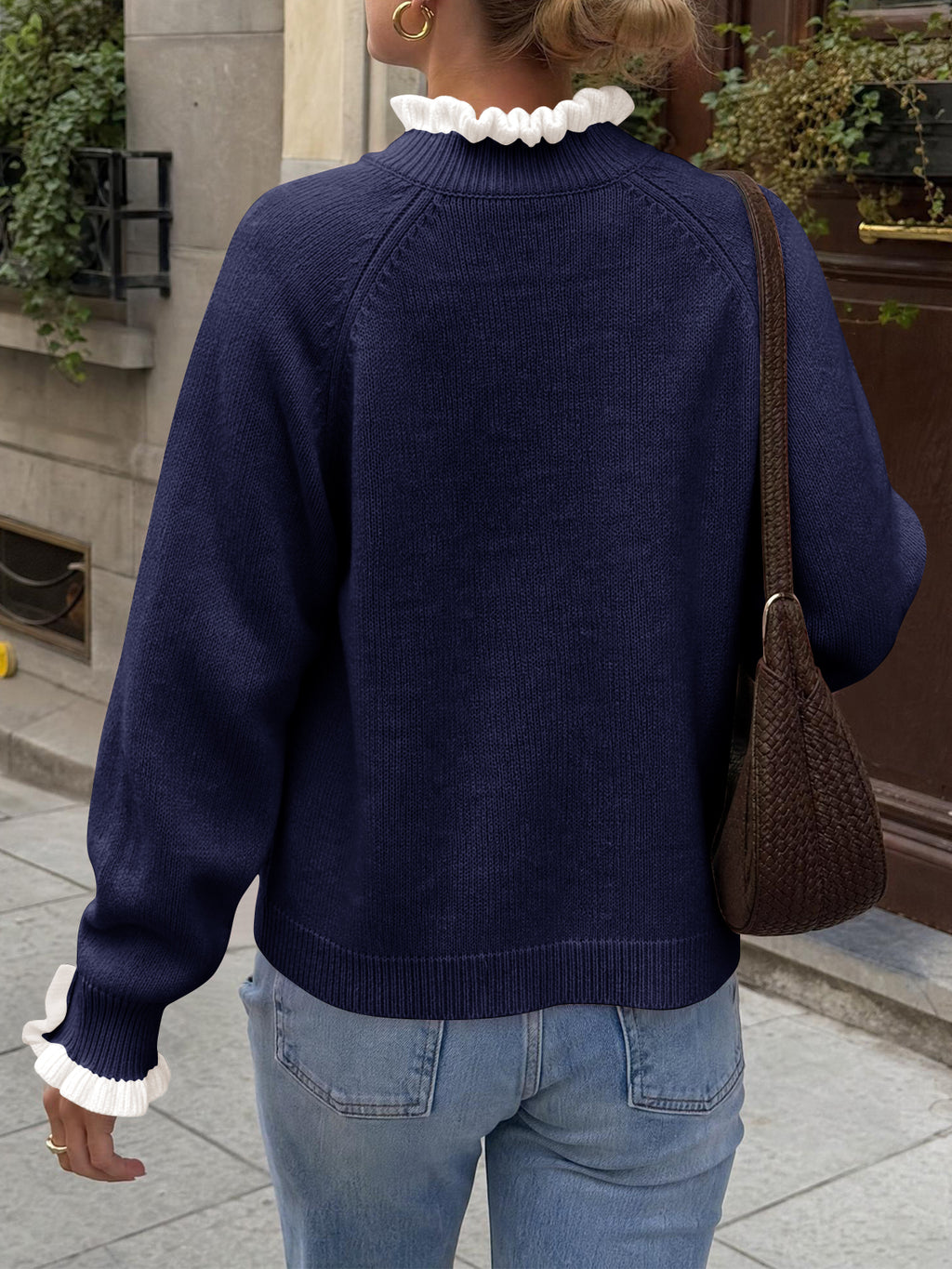 Saodimallsu Womens Mock Neck Ruffle Pearl Sweater