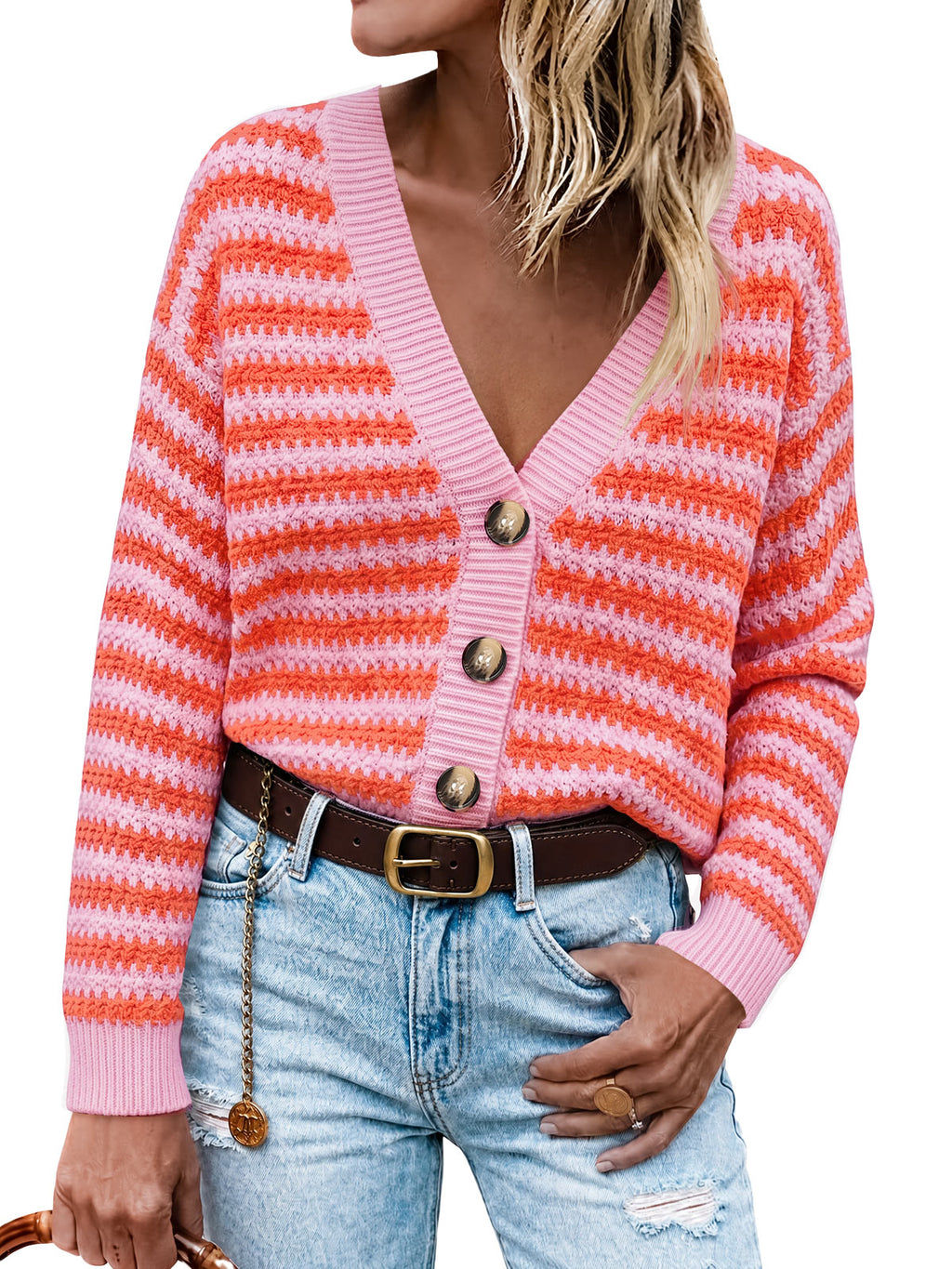 Saodimallsu Womens Striped V Neck Cardigan