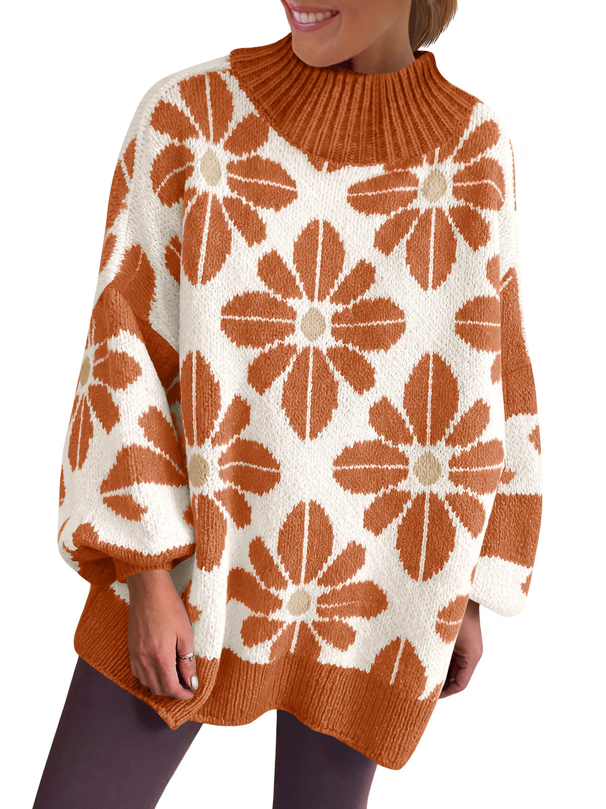 Saodimallsu Womens Floral Mock Neck Chunky Sweater