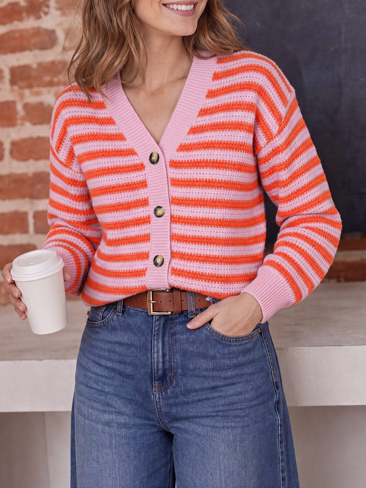 Saodimallsu Womens Striped V Neck Cardigan