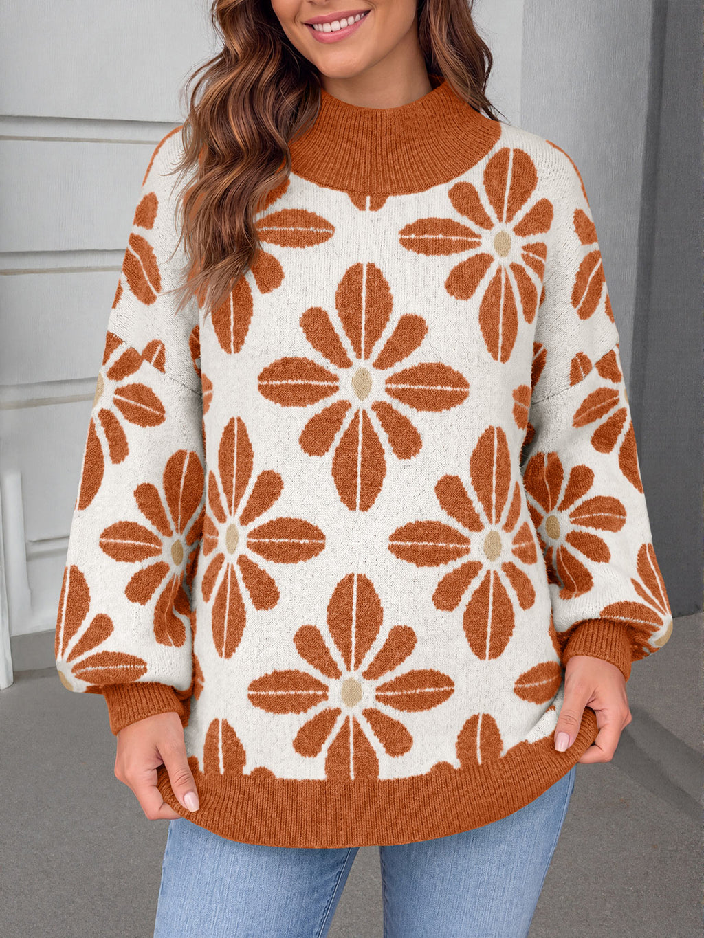 Saodimallsu Womens Floral Mock Neck Chunky Sweater