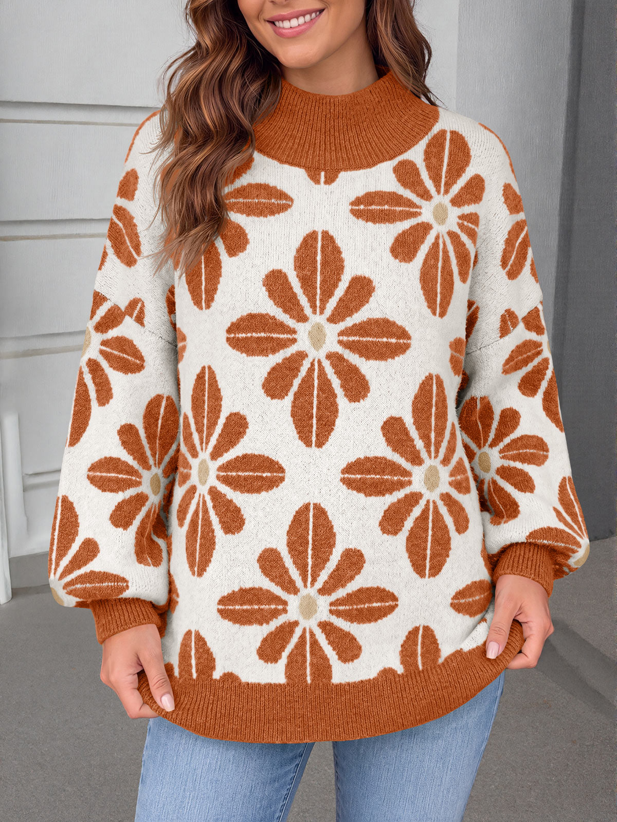 Saodimallsu Womens Floral Mock Neck Chunky Sweater