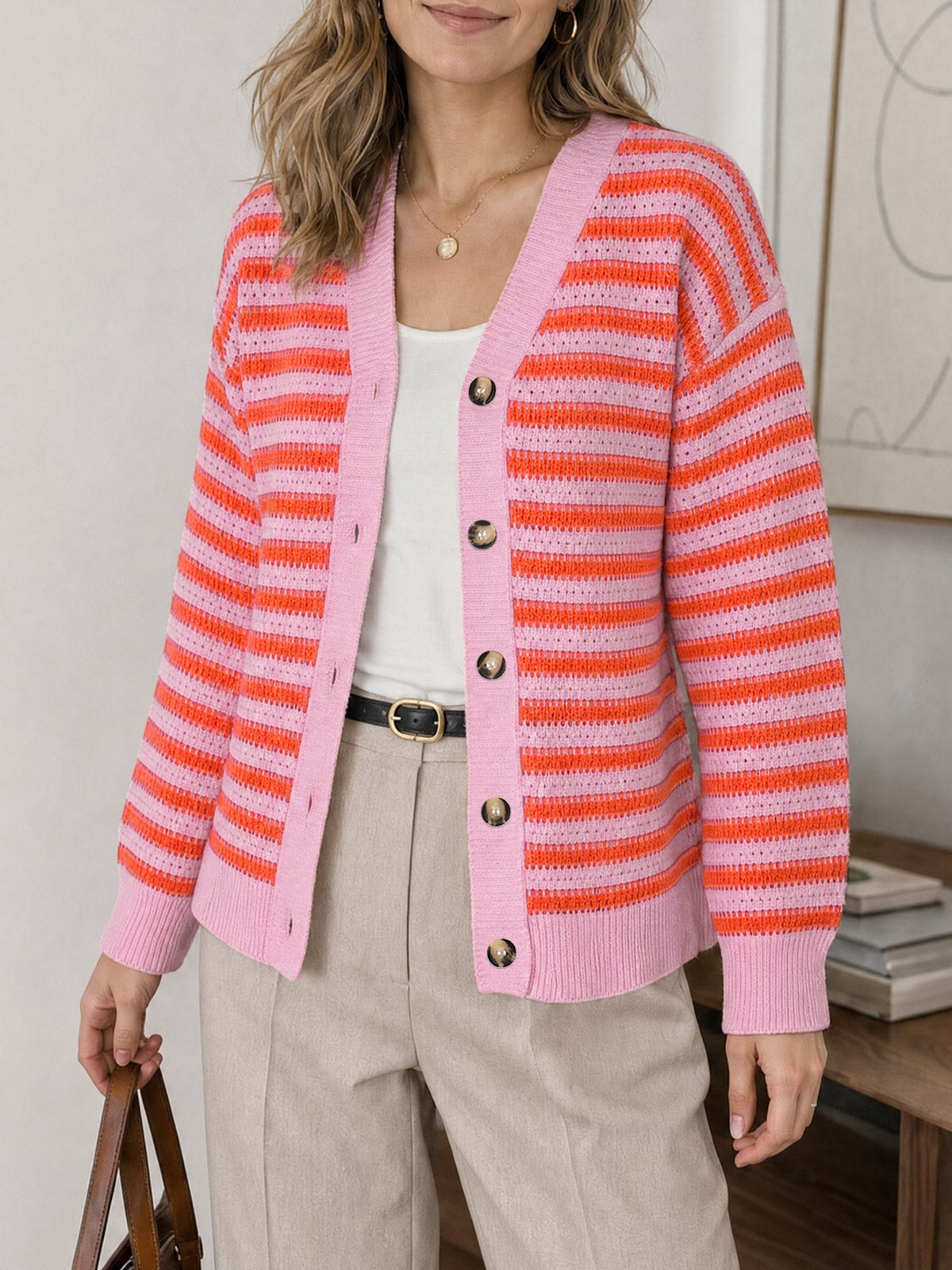Saodimallsu Womens Striped V Neck Cardigan