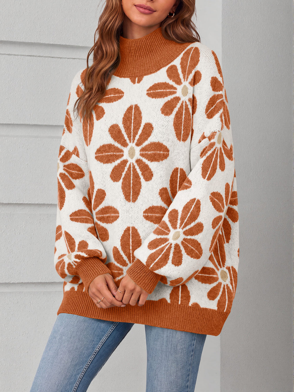 Saodimallsu Womens Floral Mock Neck Chunky Sweater