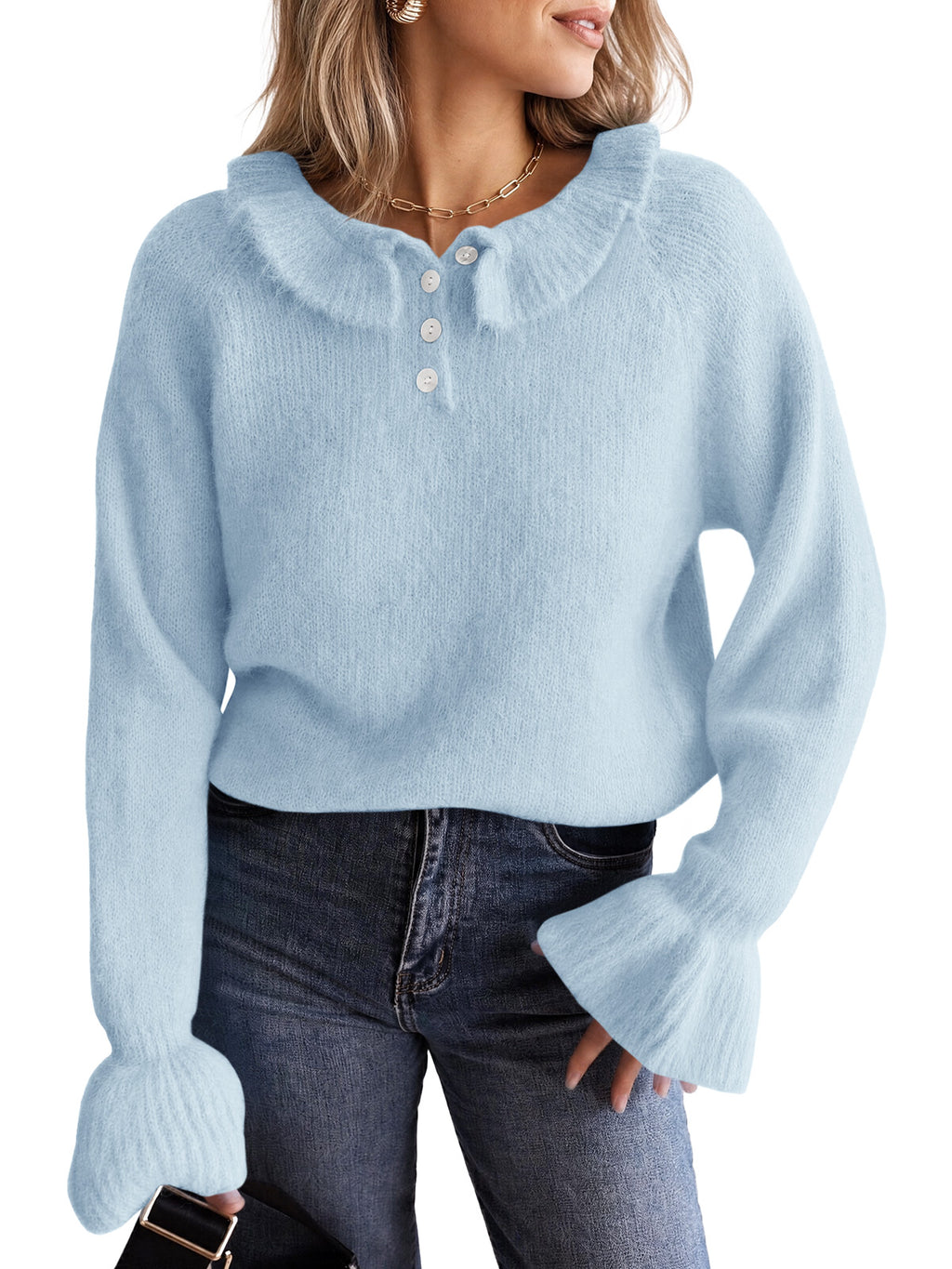 Saodimallsu Women Ruffle Collared Long Sleeve Sweater