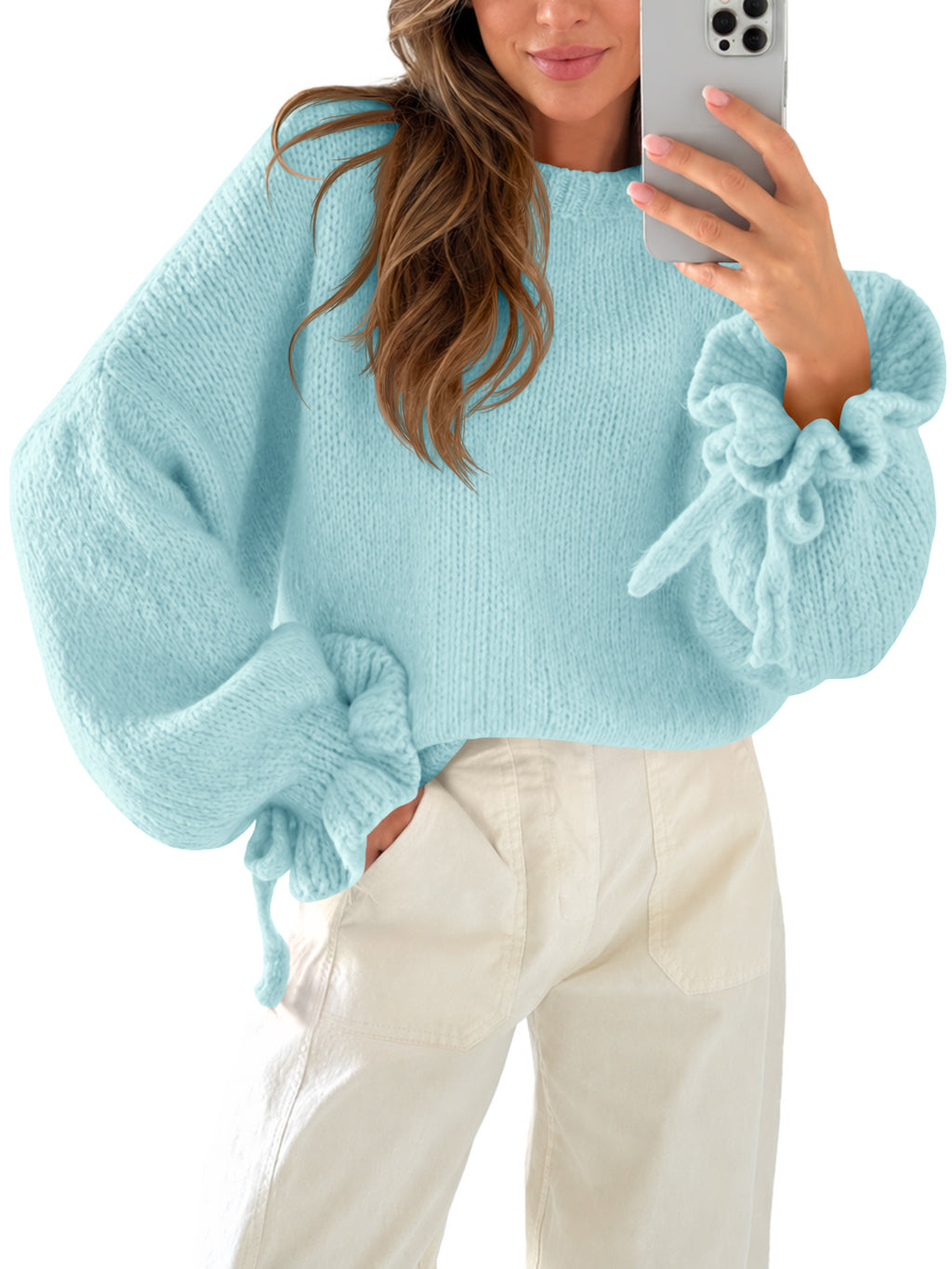 Saodimallsu Women Ruffle Long Sleeve Knit Sweater