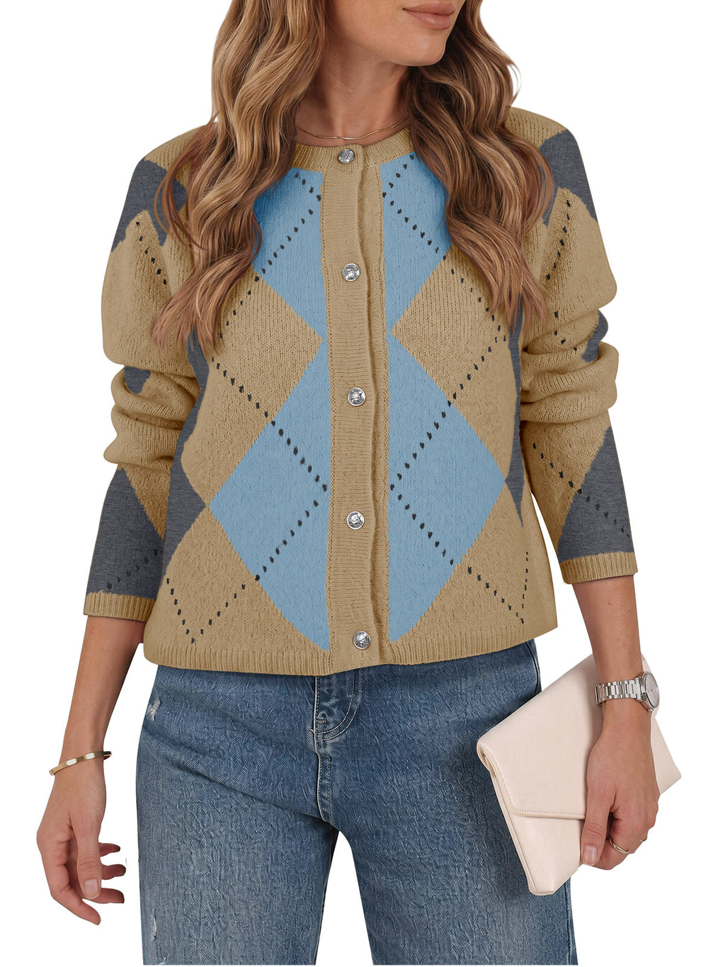 Saodimallsu Womens Argyle Crew Neck Knit Cardigan