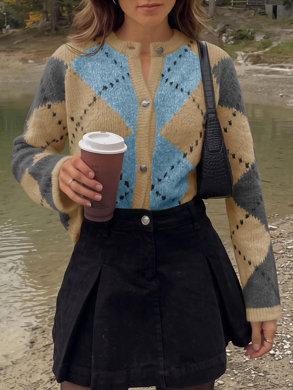 Saodimallsu Womens Argyle Crew Neck Knit Cardigan