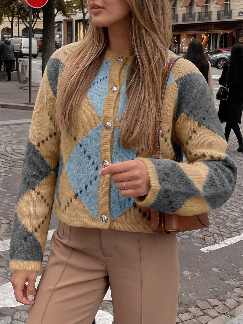 Saodimallsu Womens Argyle Crew Neck Knit Cardigan