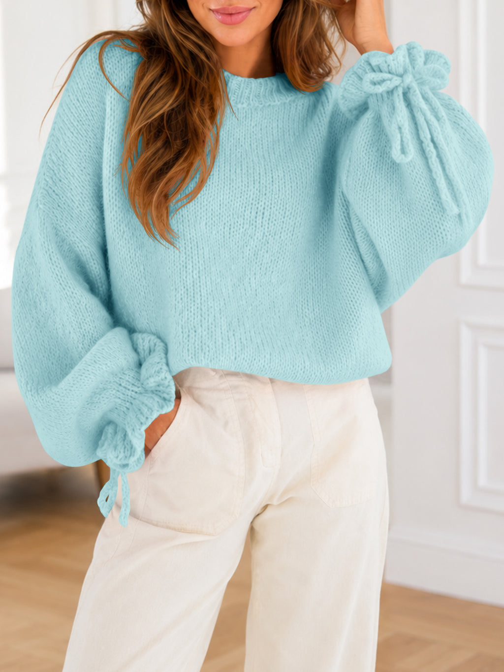 Saodimallsu Women Ruffle Long Sleeve Knit Sweater