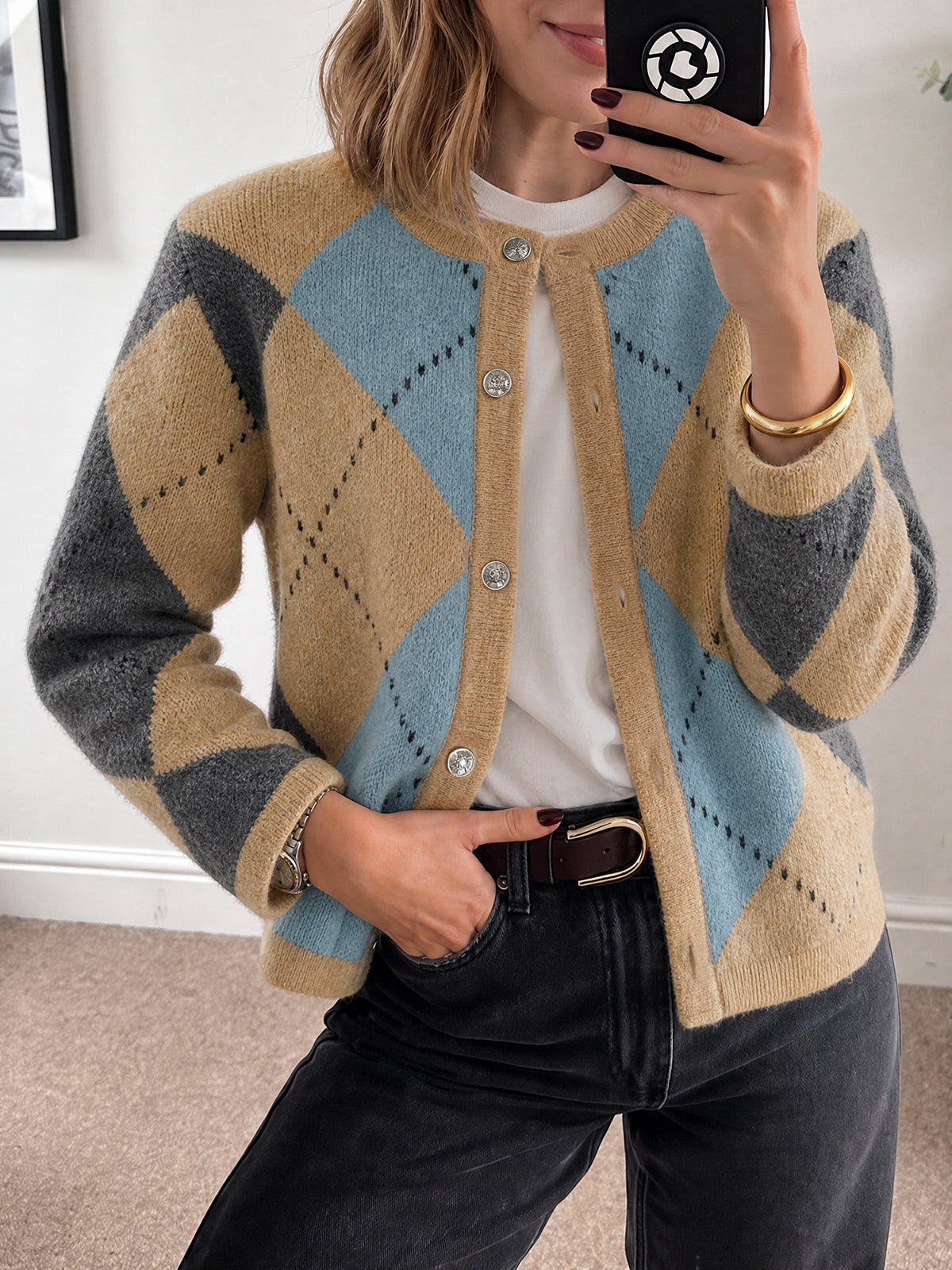 Saodimallsu Womens Argyle Crew Neck Knit Cardigan