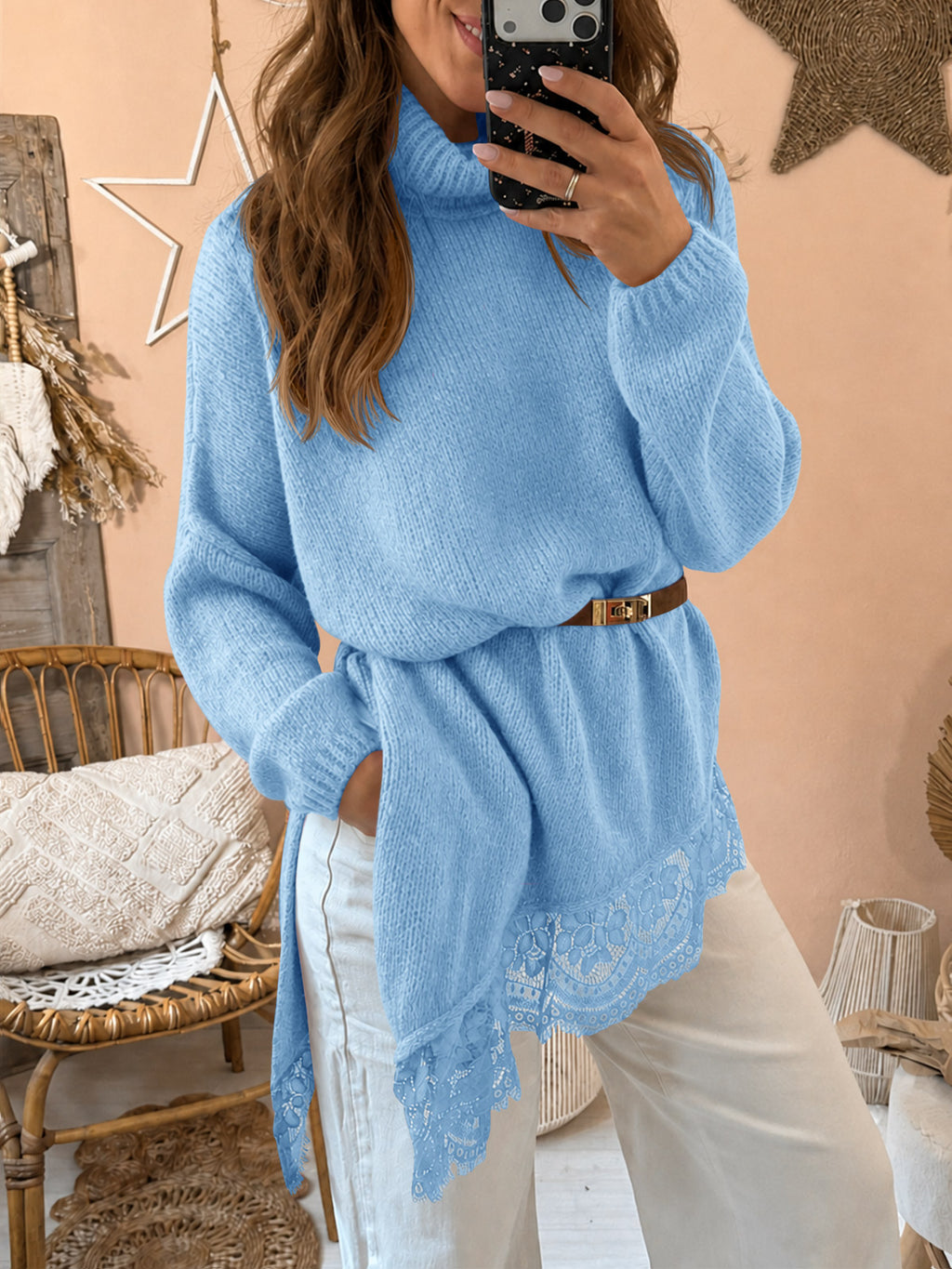Saodimallsu Womens Oversized Batwing Sleeve Turtleneck Sweater