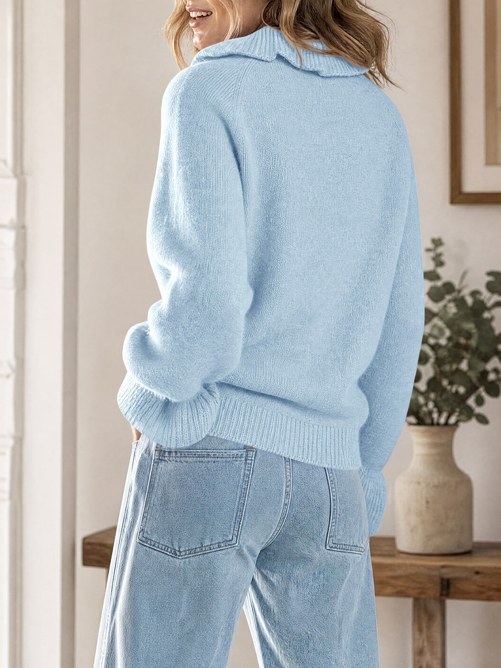 Saodimallsu Women Ruffle Collared Long Sleeve Sweater