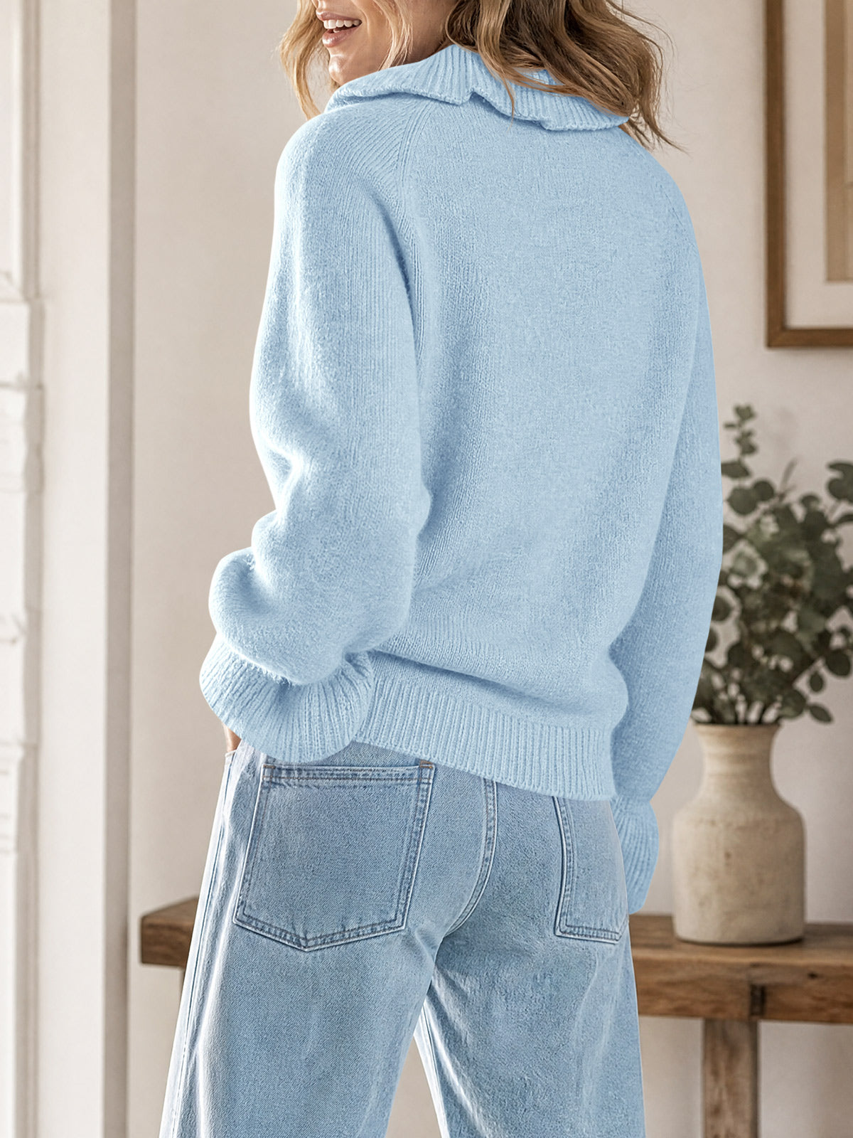 Saodimallsu Women Ruffle Collared Long Sleeve Sweater