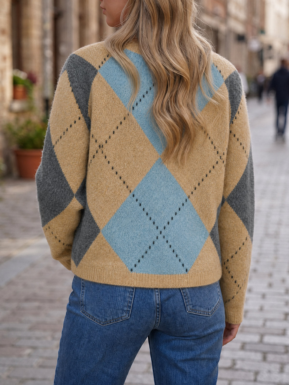 Saodimallsu Womens Argyle Crew Neck Knit Cardigan
