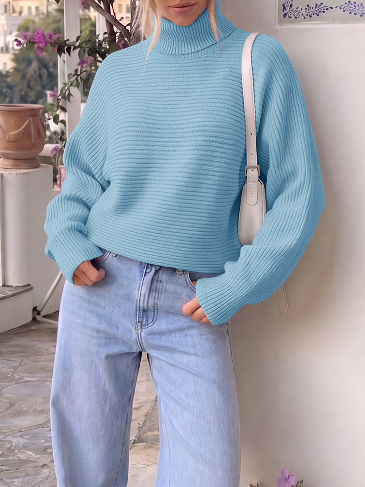 Saodimallsu Womens Batwing Sleeve Knit Turtleneck Sweater
