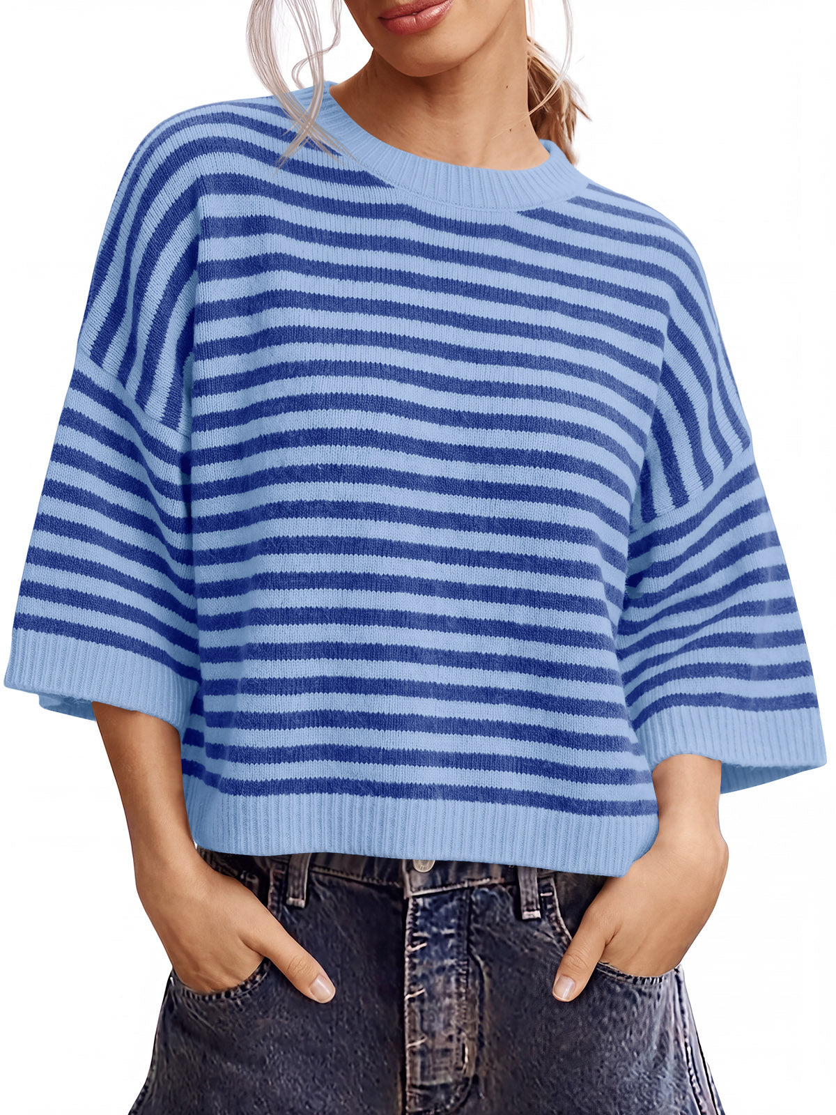 Saodimallsu Women Striped Short Sleeve Knit Top