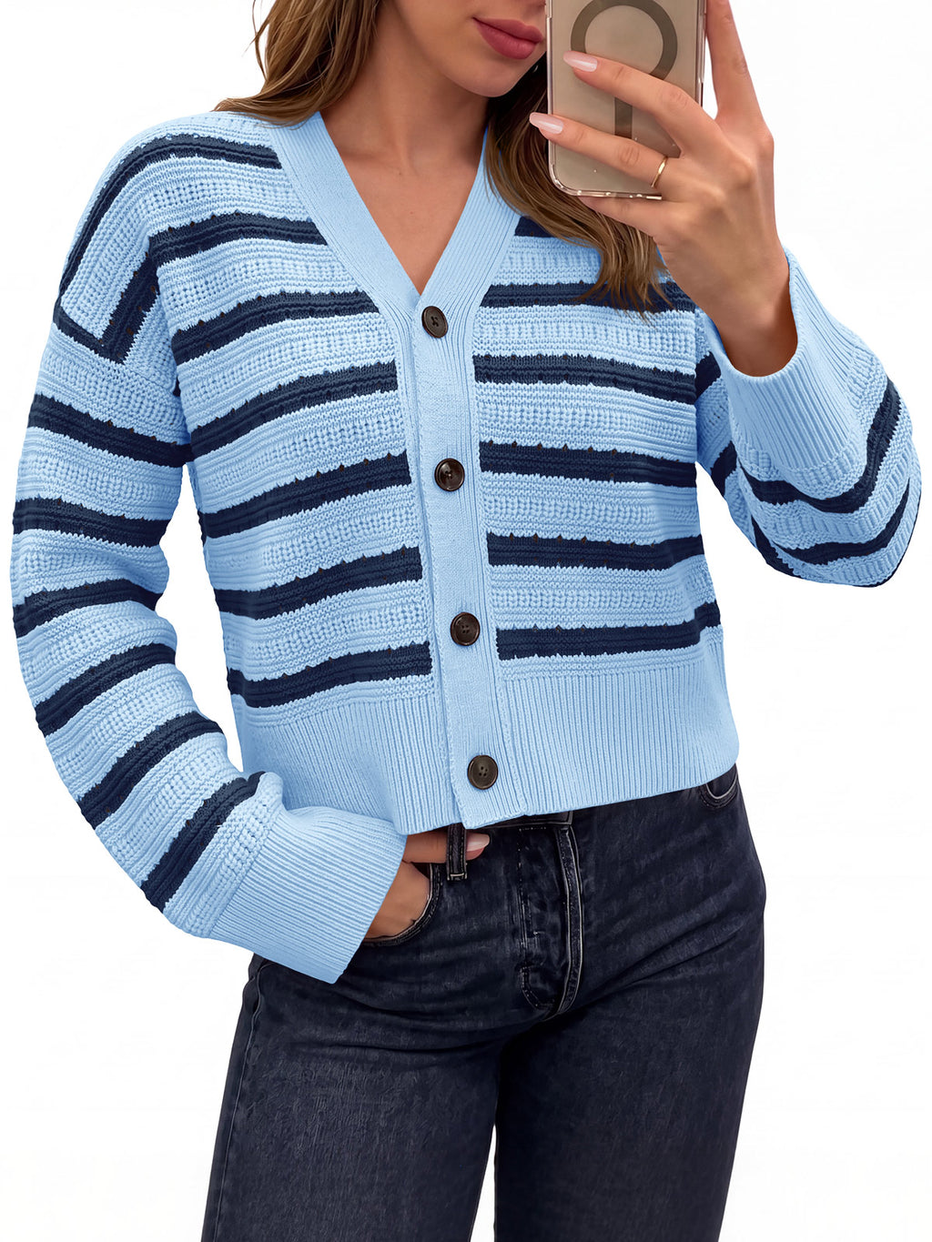 Saodimallsu Womens Striped Crochet Cardigan Tops