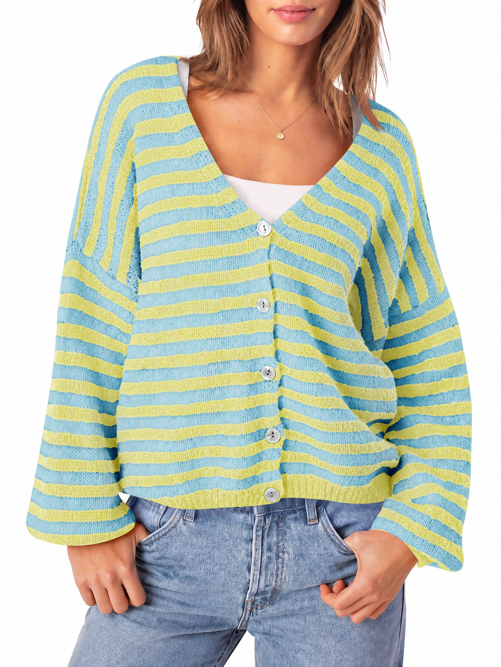 Saodimallsu Women Striped V-Neck Knit Cardigan Sweater