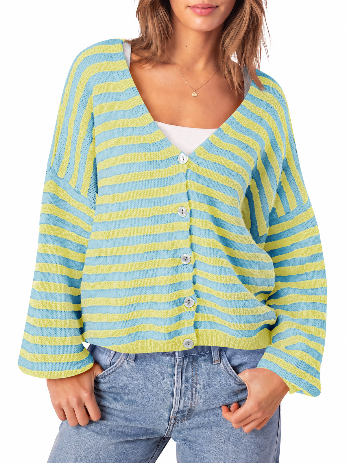 Saodimallsu Women Striped V-Neck Knit Cardigan Sweater