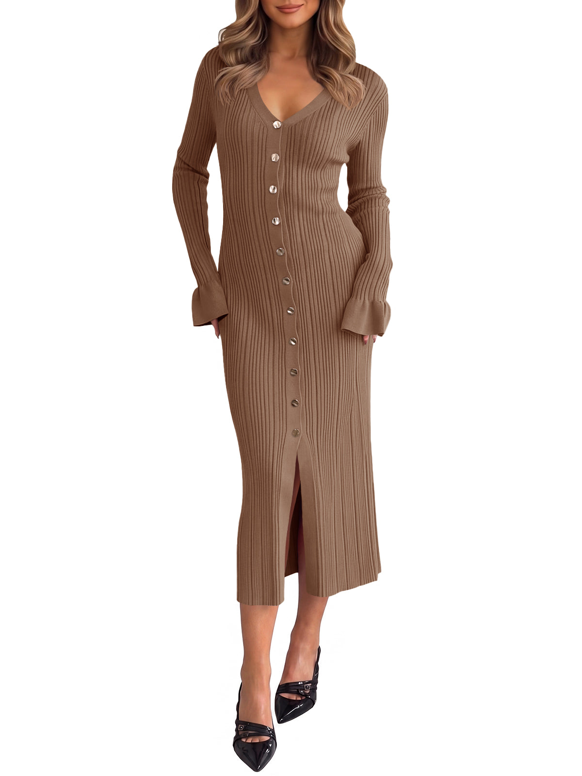Saodimallsu Womens V Neck Midi Sweater Dress