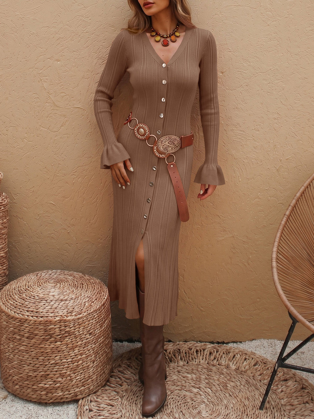 Saodimallsu Womens V Neck Midi Sweater Dress